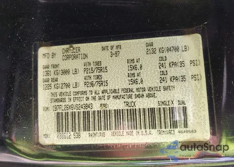 1997 Dodge Dakota Slt/Sport from USA, damaged, VIN 1B7FL26X6VS243843